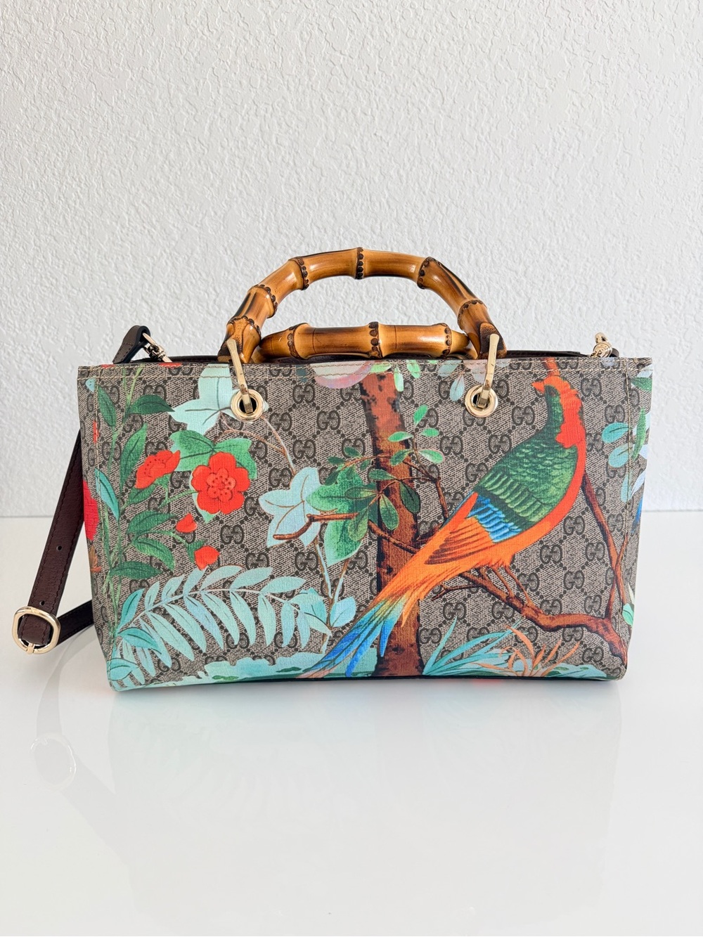 Gucci Bamboo Top-Handle Tote in Multicolor Floral Parrot Print